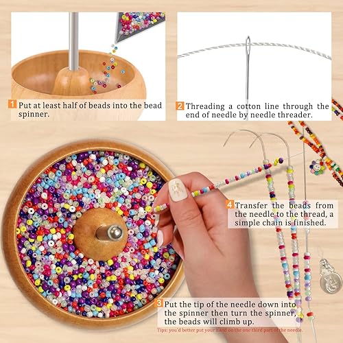 Miniatura 3 de hobbyworker Hilandero de cuentas de arcilla con hilo de cuentas, 2 agujas giratorias y 3 bolsas de cuentas de semillas para kit de fabricación de