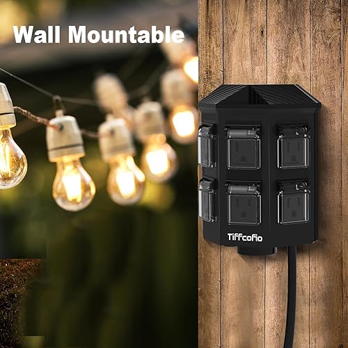 Miniatura 7 de TiFFCOFiO Tira de alimentación para exteriores resistente a la intemperie, cable de extensión de 25 pies con estaca, 6 tomas de tierra para