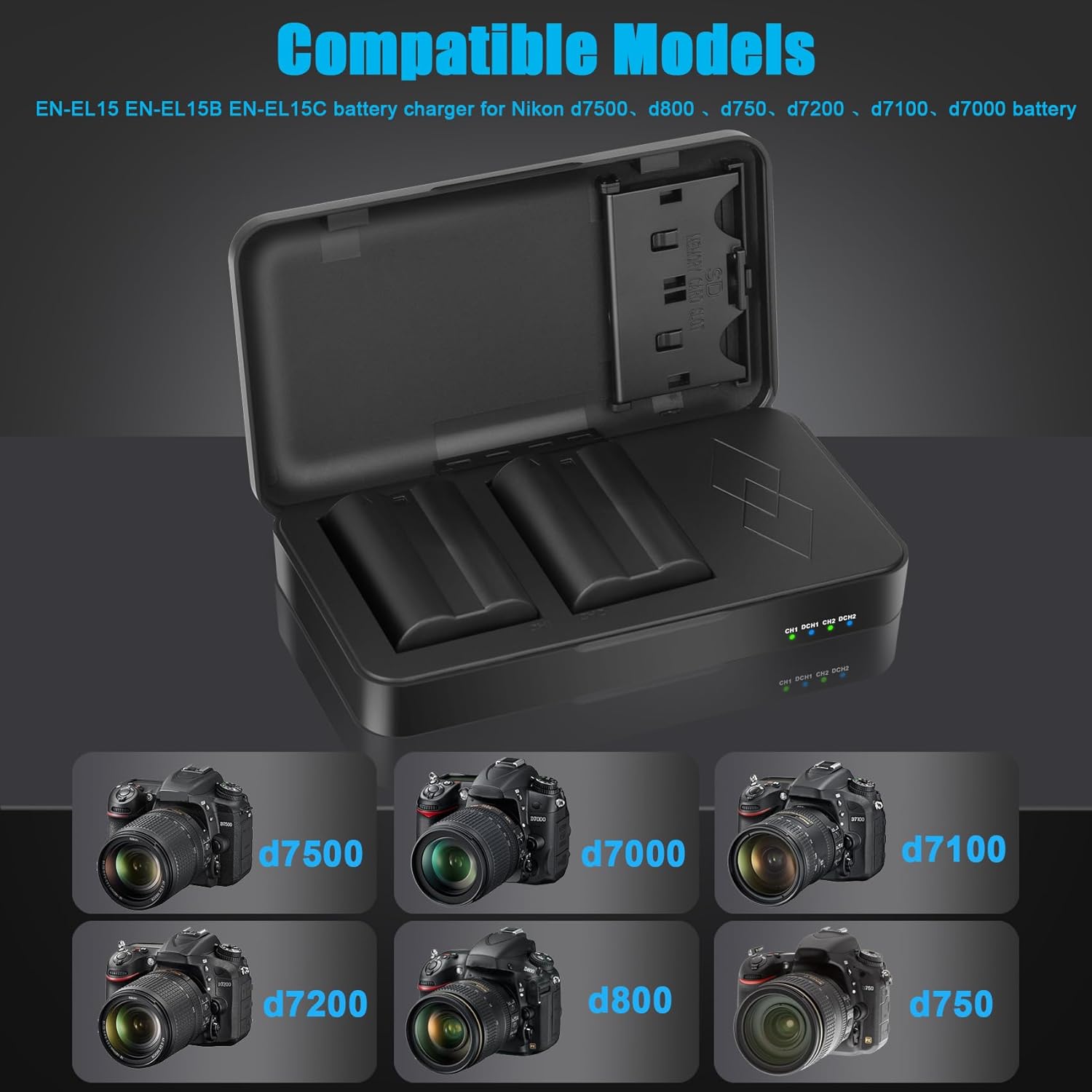 JYJZPB EN-EL15C EN-EL15 Battery Charger Fit for Nikon D7500, ZF, Z8, Z7, Z6, D850, D7000, D7100, D7200 Batteries, Charger Case with USB Output and SD Card Slots (Batteries not Included)