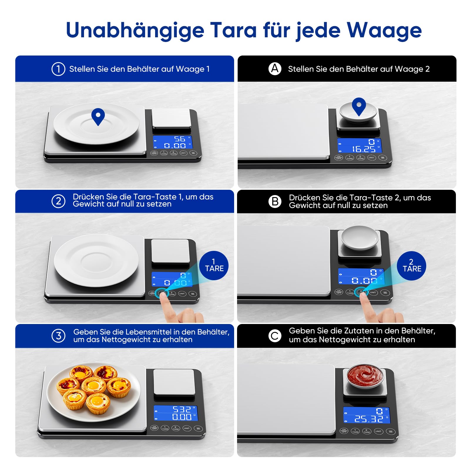 KUAIVO Küchenwaage Digital 15 kg / 0,01 g, Hochpräzise Zweibereichs Waage Küche mit Addierfunktion, Tara-Funktion, 7 Maßeinheiten, Küchenwaage zum Kochen und Brotbacken, inkl. Batterien