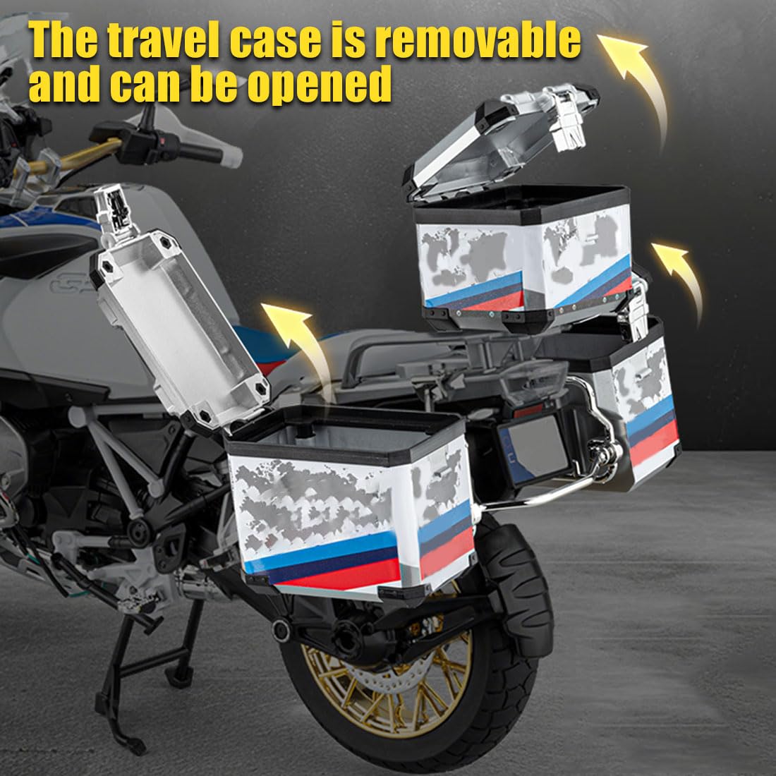Modèle de moto RC Adventure R1250GS Noir à l'échelle 1/6, moto en alliage 1:6 avec son, lumière et pulvérisation, kits de modèles de moto à l'échelle 1/6 pour collectionneurs