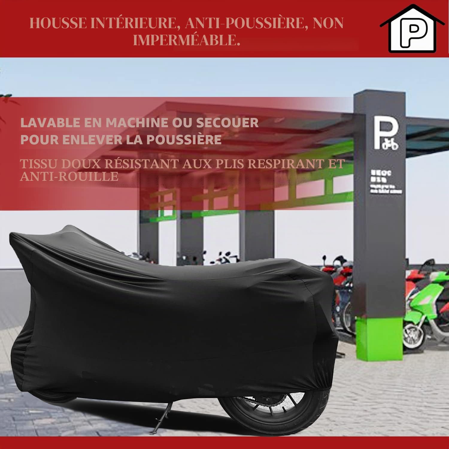 Housse Moto Intérieur Housse de Protection pour Moto Tissu Élastique Respirant Anti-poussière Housse pour Moto Scooter,XXL : Longueur (200 à 221 cm)
