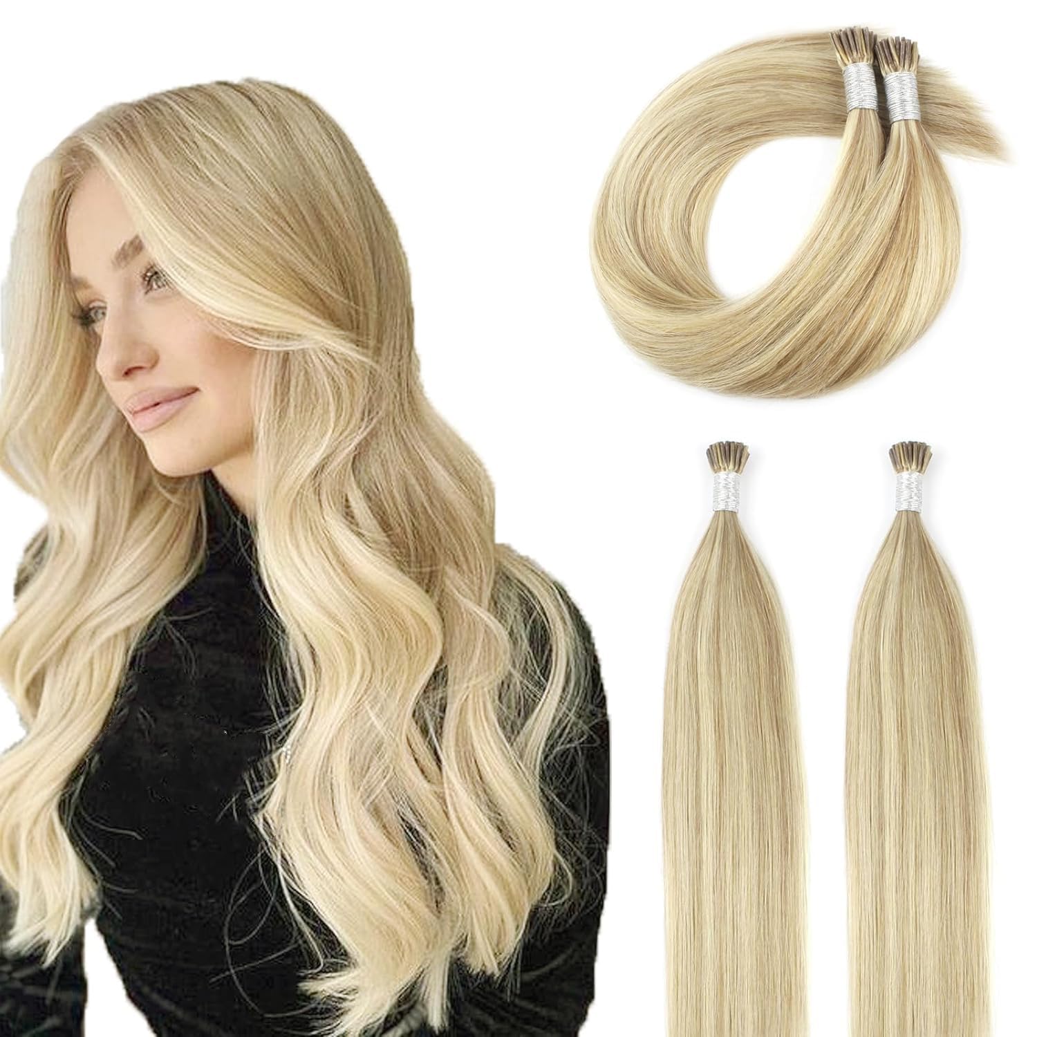 ABH AmazingBeauty Hair Itip Hair Extensions Human Hair 14 Inch I Tip Extensions Dirty Blonde Highlights With Bleach Blonde Fusion Real Human Hair Extensions 100strands 50G Pre Bonded Hair Extensions