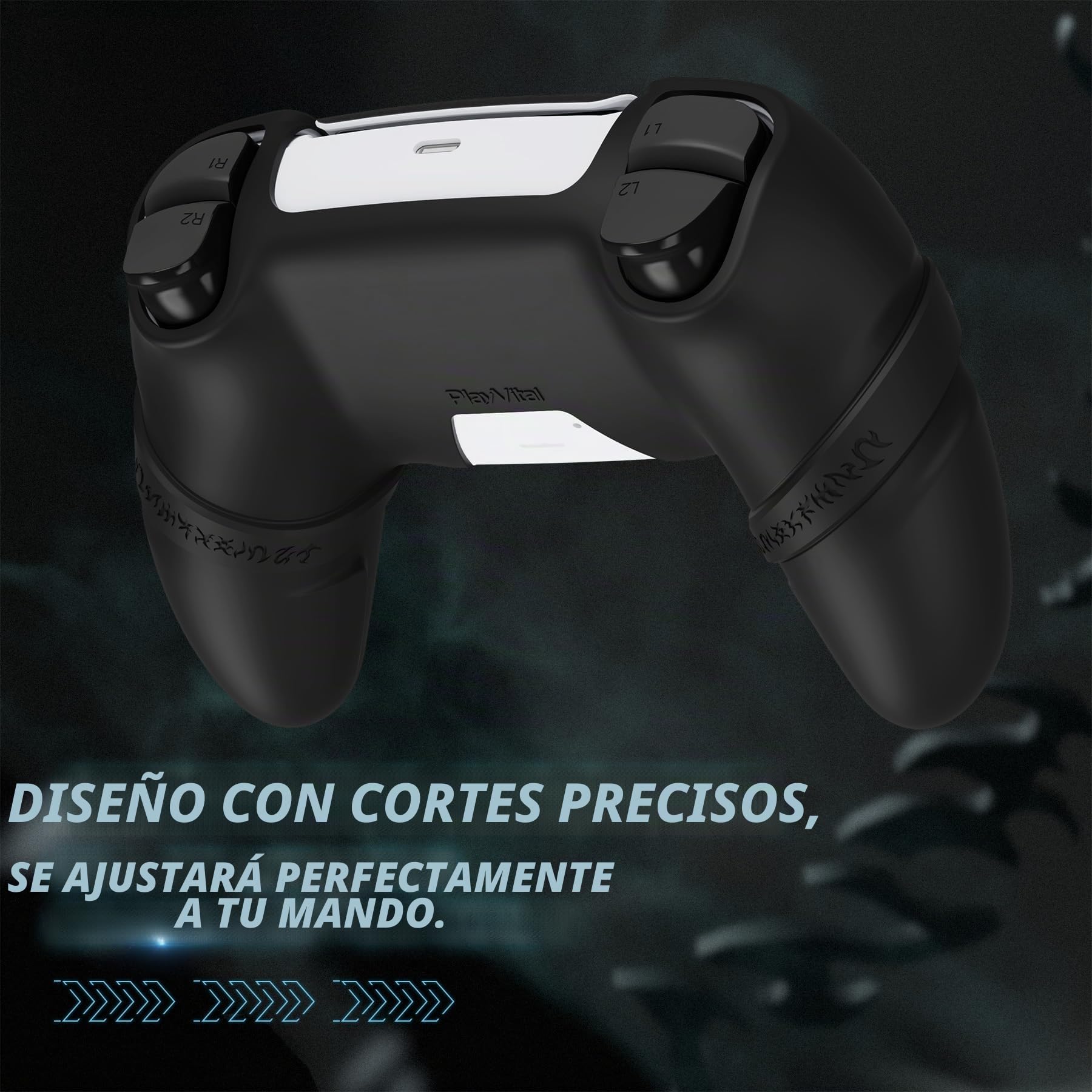 PlayVital Funda de Silicona para ps5 - Cubierta Protectora con Tapas de Joystick y Pegatinas para Panel Táctil y D-Pad, Compatible con ps5 Base de Carga (Edición Runes - Negro)