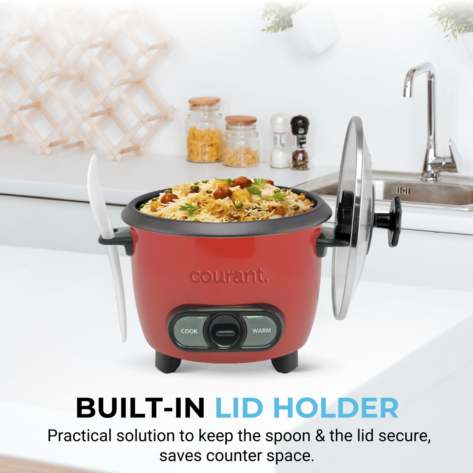 Courant Rice Cooker 6-Cup (Cooked), Removable Non-Stick Bowl, One Touch Rice Cooker, Red