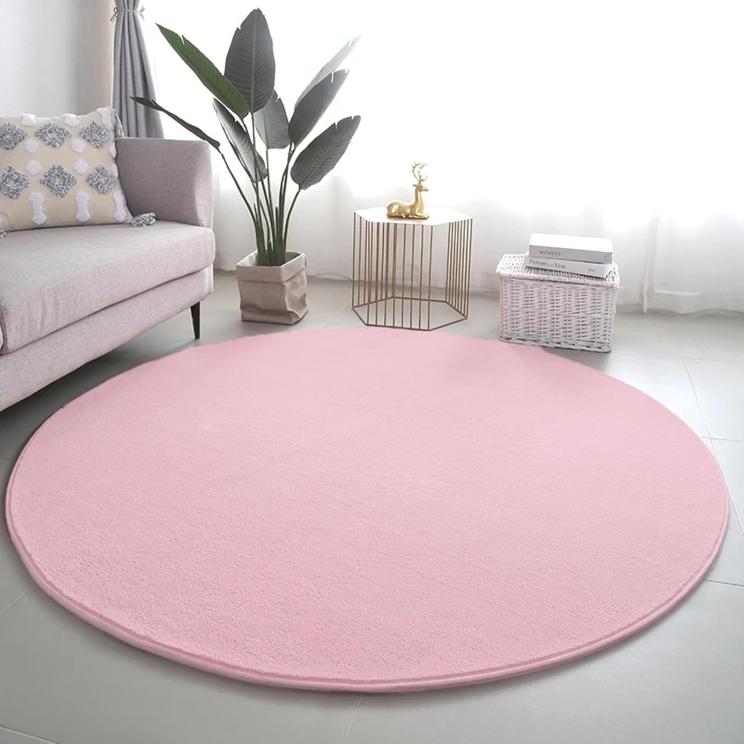 Pink Rugs for Living Room Solid Color Soft Bedroom Carpet Round Rugs Decor Non Slip Children Mat Balcony Floor Mat 150cm Round