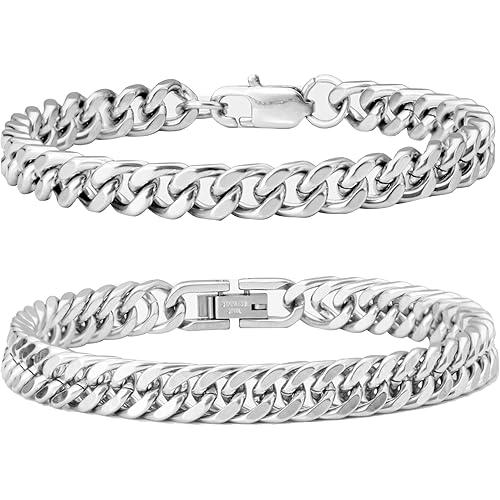 XIANNVXI Stainless Steel Bracelets for Men 2PCS Cuban Link Bracelet Stainless Steel Mens Silver/Gold/Black Bracelet Set 7.5/8.3/9 Inches Gifts for Mens Metal Bracelets