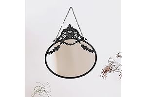 Vintage pewter framed wall mirror adorned with decorative chain