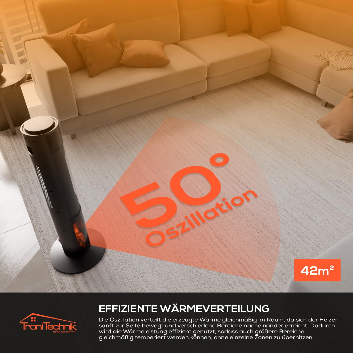 Tronitechnik® Heizlüfter Turmheizstrahler 1000 / 2000W Heizstrahler Standheizstrahler mit Fernbedienung Timer Kamineffekt Heizung Turm-Keramik-Heizer Heizlüfter Heizgerät Kamin Oszillationsfunktion