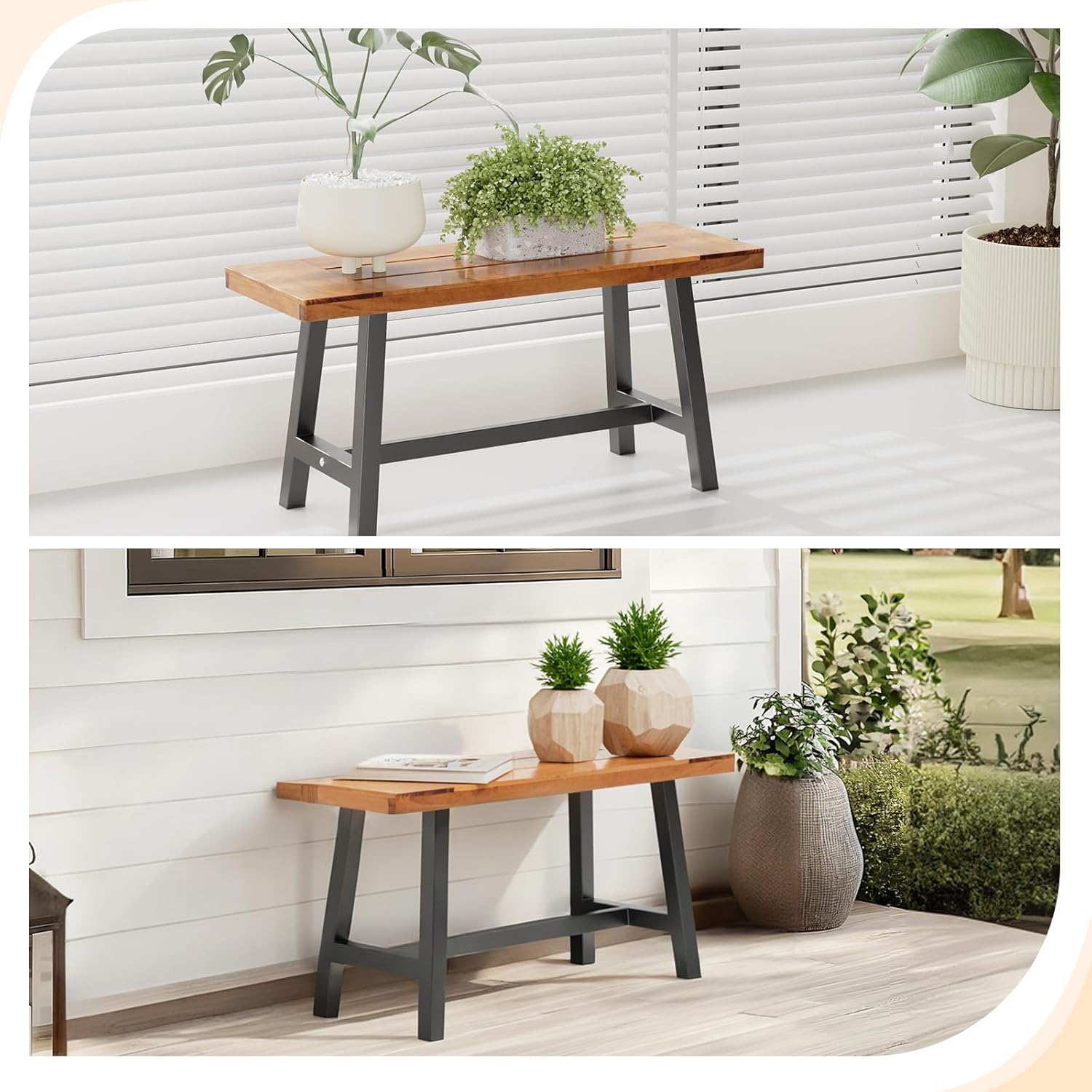 VINGLI Outdoor Bench with Metal Legs Rustic, Wood Dining Bench Indoor Outdoor Porch Benches for Yard Garden Dining (40in)