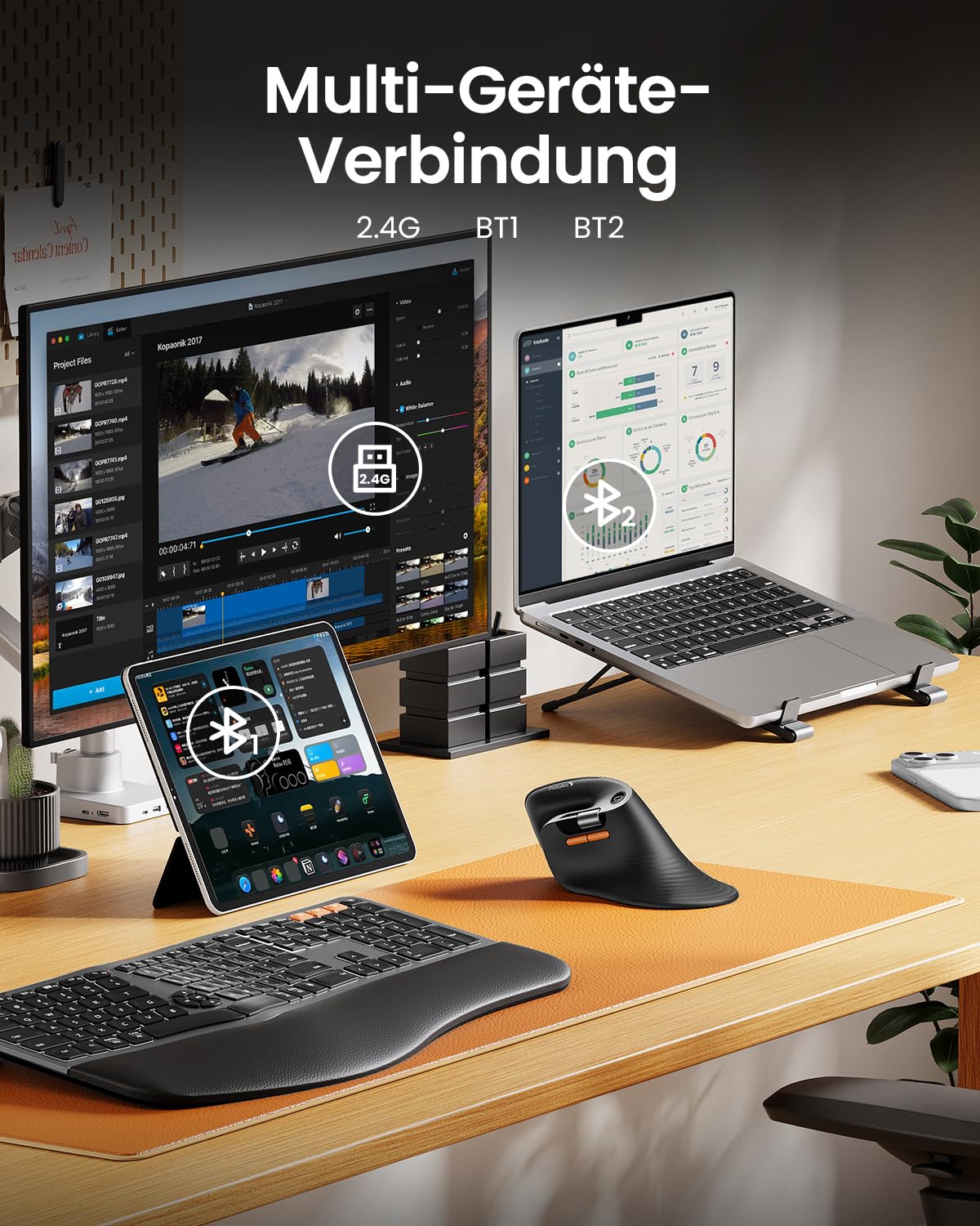 ProtoArc EM11 Pro Ergonomische Vertikale Maus mit Seitenscroll, Anpassbare Tasten, 2*Bluetooth + 2,4G Kabellos, Wiederaufladbar, Vertikal Funkmaus für Büro PC/Mac/Windows/Linux