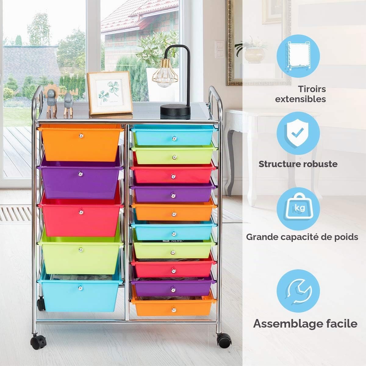 FANTASK Chariot à roulettes avec 15 tiroirs empilables, chariot de rangement pour bureau, salon, 62,5 x 37 x 87 cm