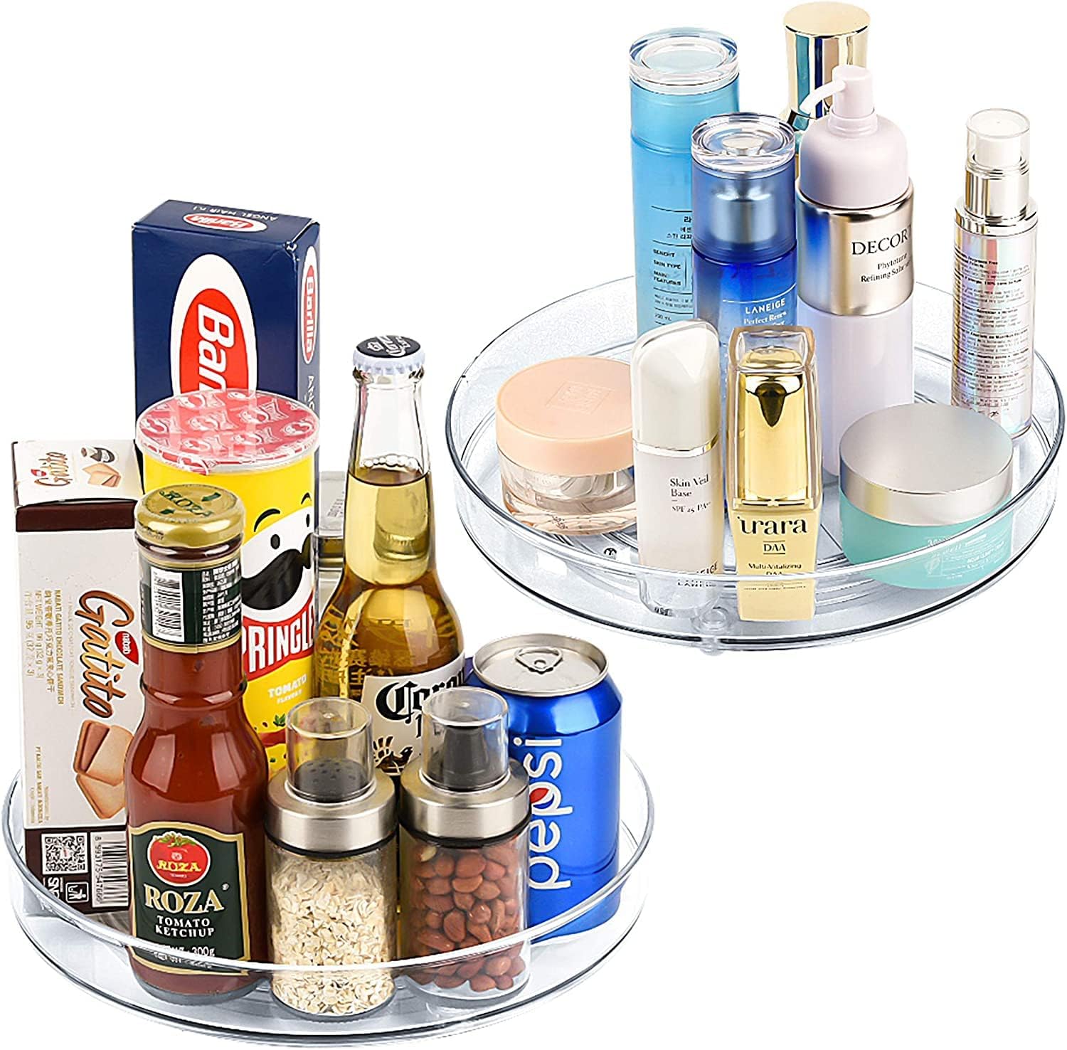 MIXDE2 Pack Lazy Susan Cabinet Organizer 9" Clear Plastic Turntable Organizer Rotating Spice Rack Kitchen Storage Cosmetic Makeup Organizers for Pantry, Countertop, Bathroom (10.6" × 1.8" H)
