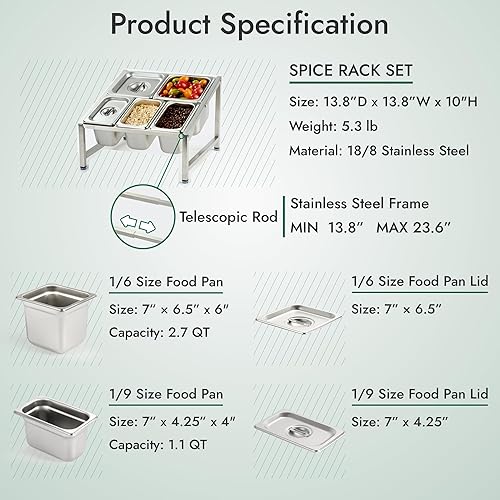 Miniatura 5 de CURTA Juego de estante de especias expandible de acero inoxidable 188, certificado NSF, estante organizador inclinado de 2 niveles con bandeja de 2