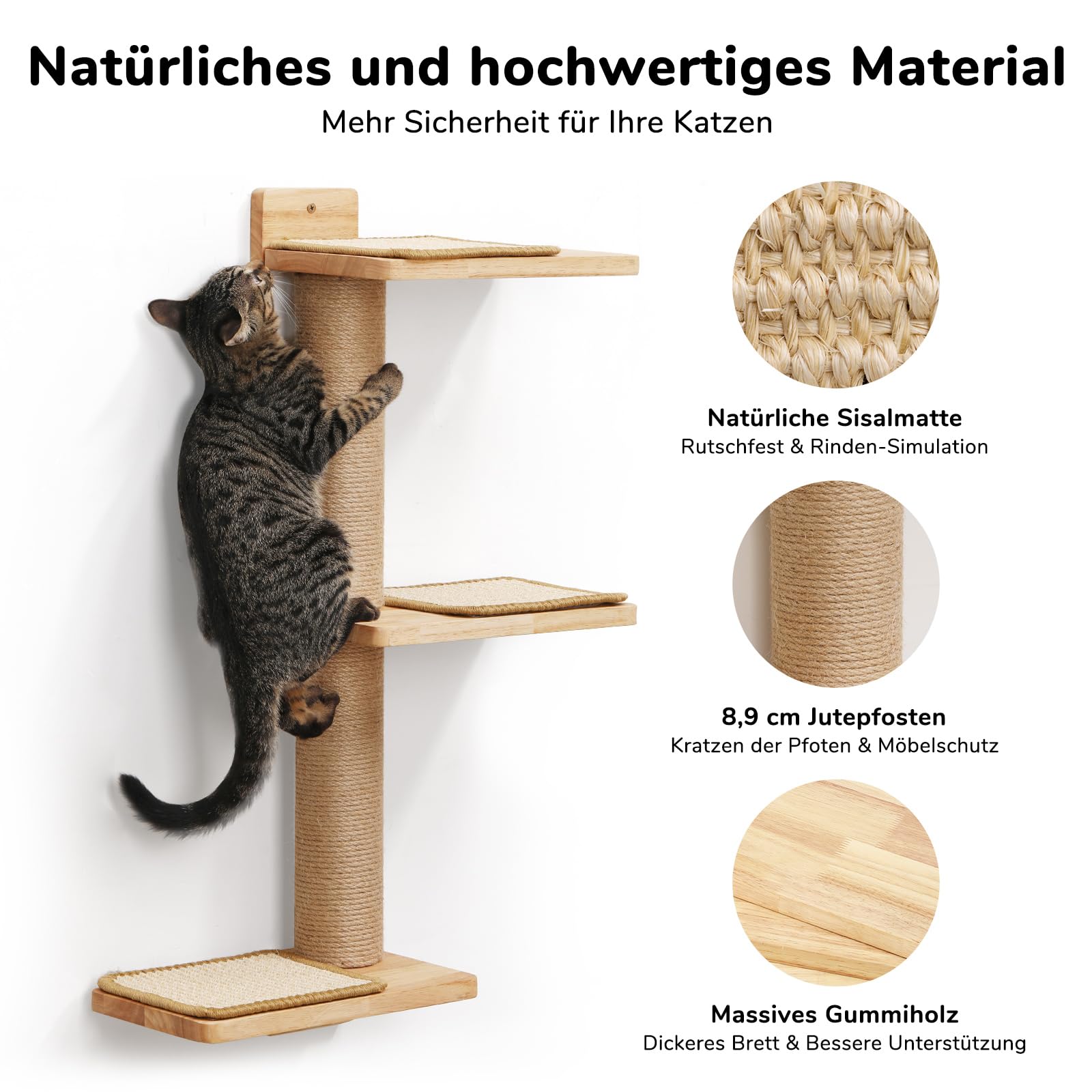 FUKUMARU Kletterwand Katzen, Wandregale aus Massives Gummiholz und Jute, 3 in 1 Transformable Katze Kratzbaum Wand montiert, DIY Katze Wand/Plattform, Anzug für Katzen Klettern, Spielen, Kratzen