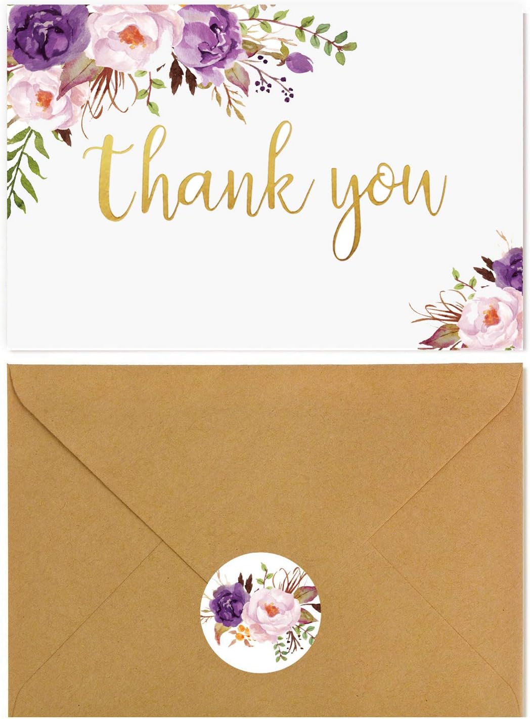 60 Thank You Cards with Envelopes - Gold Foil watercolor Boho Floral - Perfect For Wedding, Baby shower, Bridal Shower-3.75'' x 5'' blank on inside