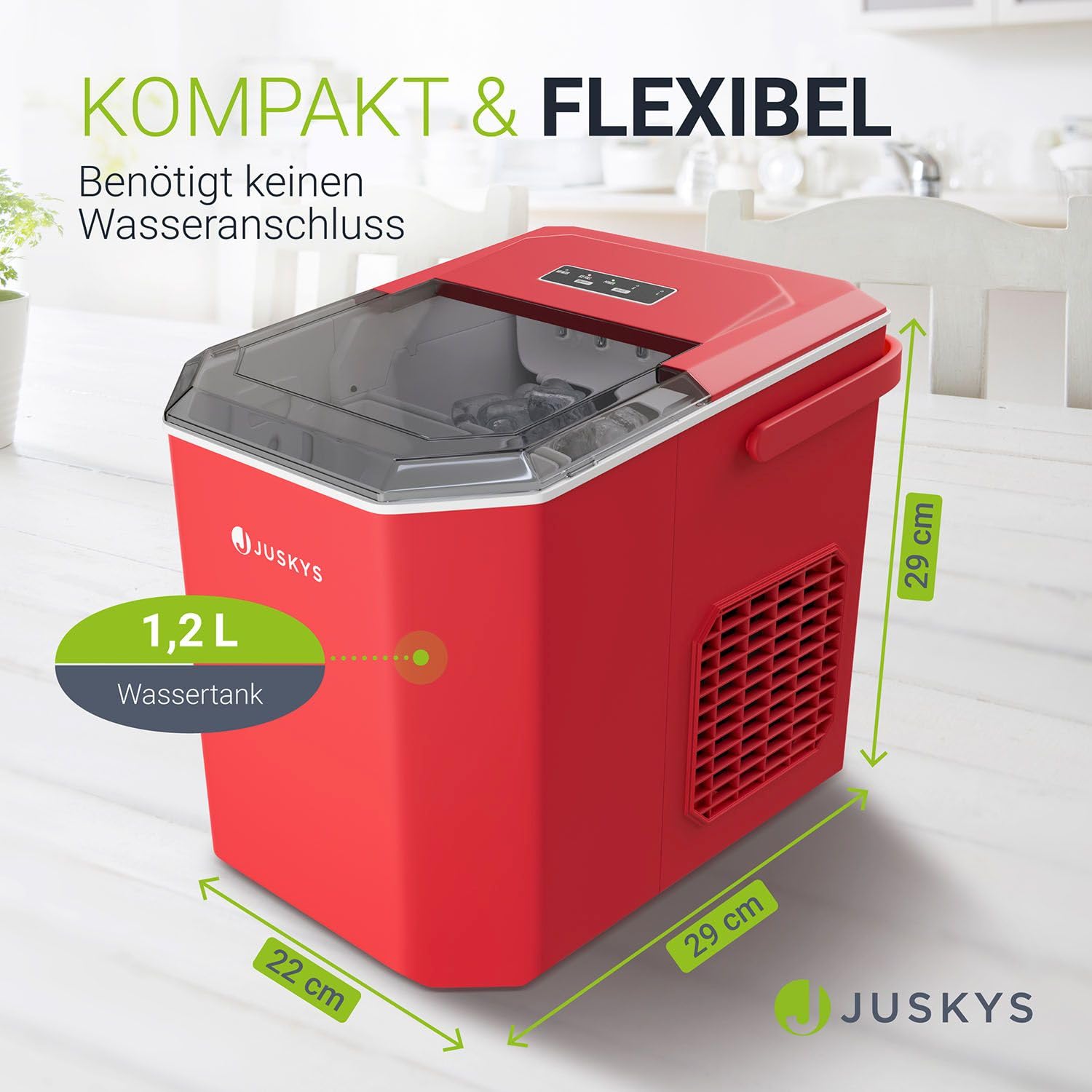 Juskys Eiswürfelmaschine klein mit Eiswürfelbehälter Rot 6-13 min 12 kg/Tag Ice Cube Maker