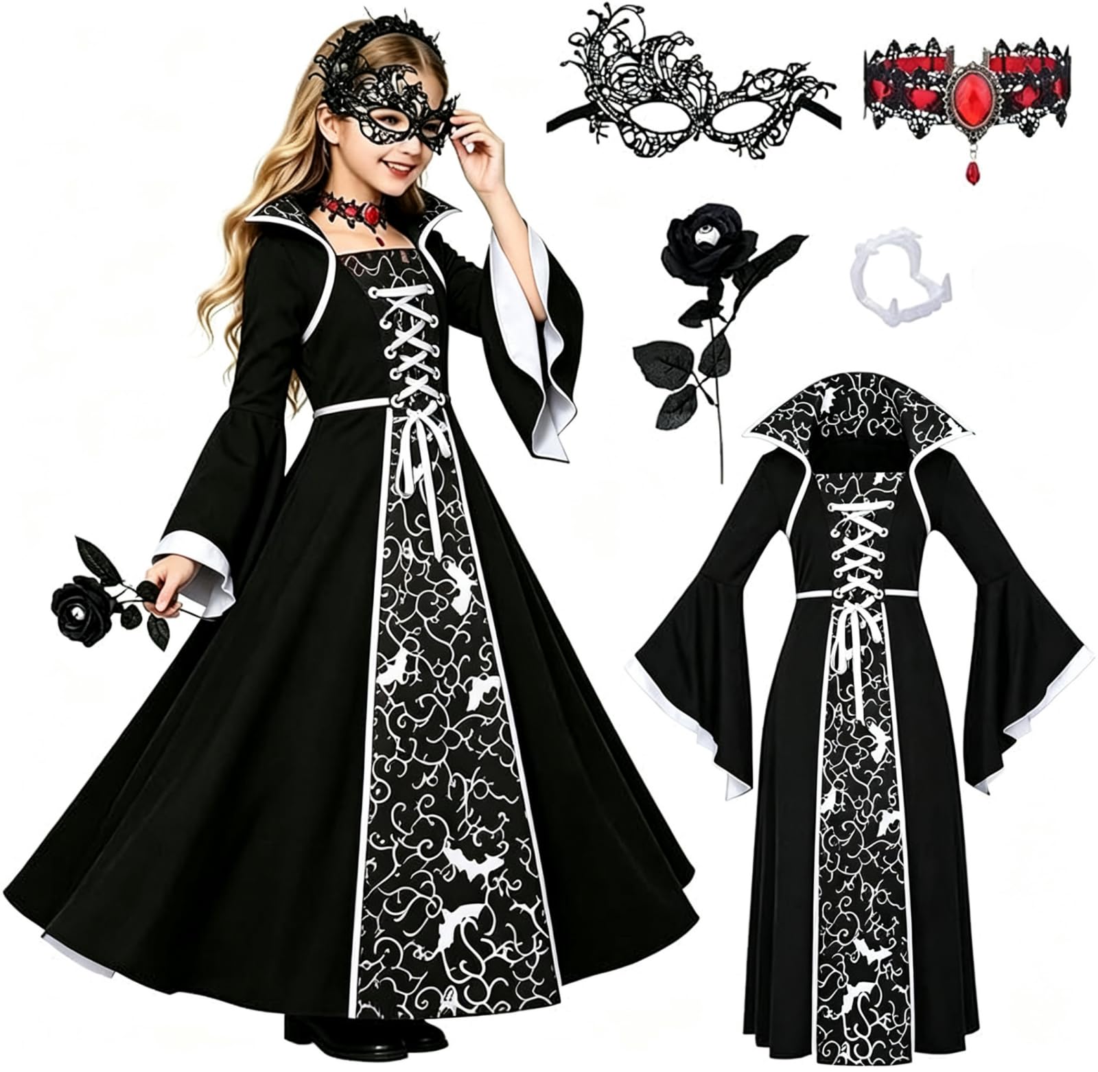 5PCS Girls Vampire Costume Set, Girls Halloween Costume Victorian Dress