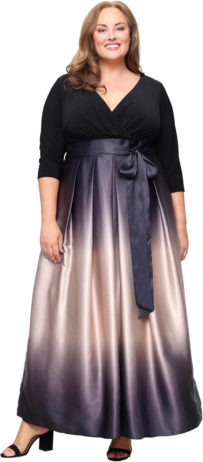 S.L. Fashions Womens Plus Size Long Satin Ombre Mother of The Bride Dress, Wedding Guest, Formal Party Gown