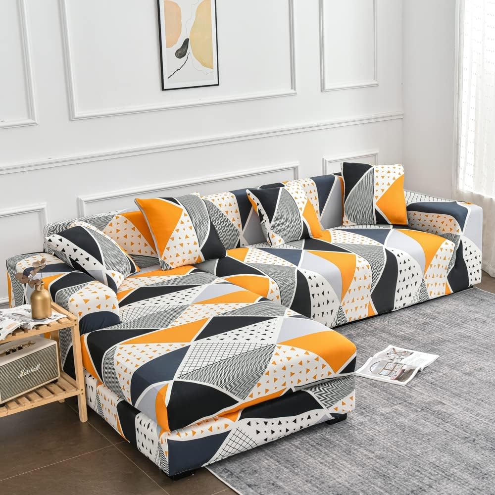 LiveGo L Shape Sofa Cover Sectional Couch Slipcover 2 Piece Stretchy Elastic 3 Seater Chaise Sofa Furniture Protector Slip Covers with 4pcs Pillowcases for Living Room Pets Kids (Style-4190)