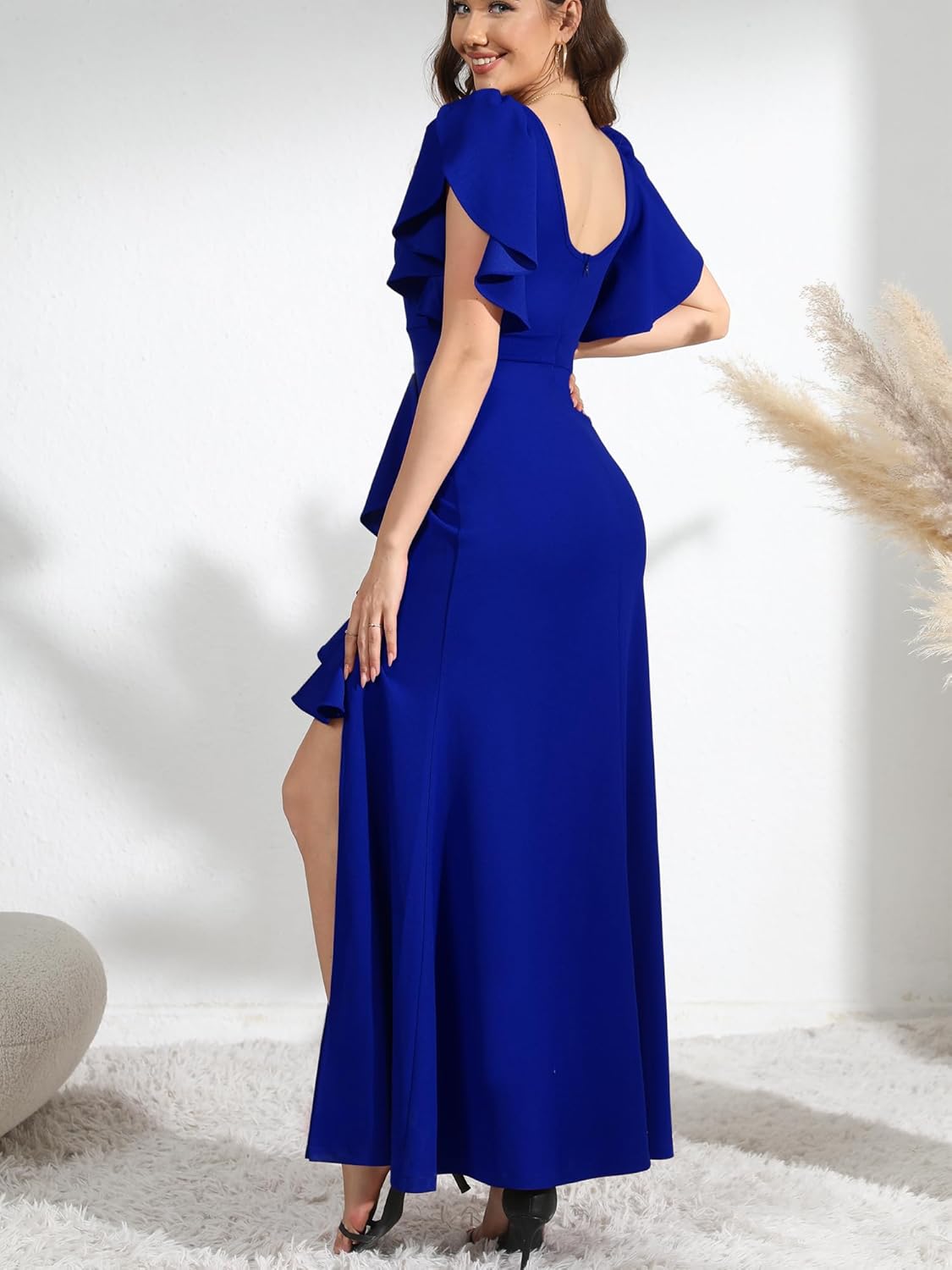 Formal Gowns and Evening Dresses Wedding Guest Dresses for Women Prom Dress Long V-Neck Ruffle Short Sleeve - Image 3