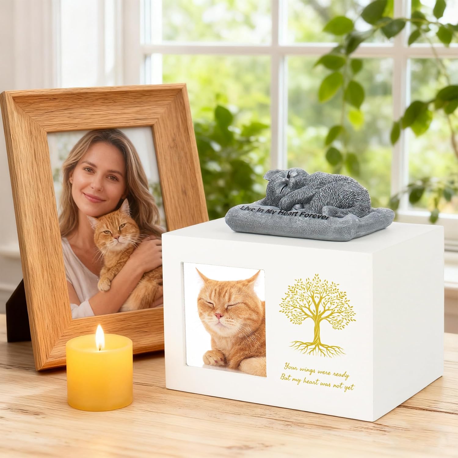 Cat Urns for Ashes - Tree Pattern Cat Keepsake Wooden Box with Photo Frame, Resin Angel Cat Statue & Velvet Ash Bag 7.1"x5.12"x5.12"(White)