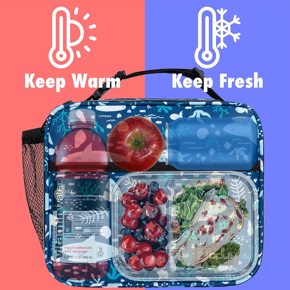 opux Insulated Lunch Bag Kids, Lunch Box for School Boy Girl, Leakproof Small Reusable Compact Soft Mini Cooler Bag, Toddler Small Lunch Boxes Kit Pail with Front Side Pockets (Blue Shark) - Image 2