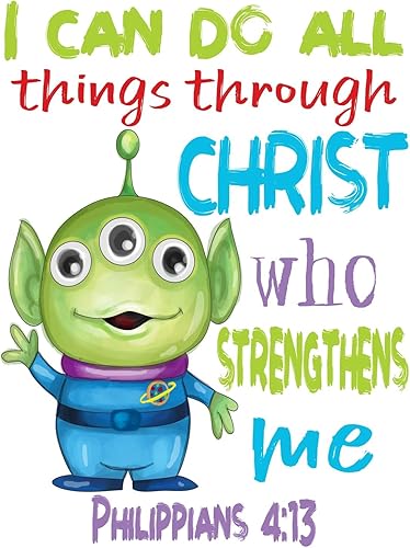 Miniatura 4 de Toy Story - Juego de 4 impresiones de acuarela cristiana sin marco, Woody, Buzz Lightyear, Mr. Potato Head y Alien con versos de la Biblia