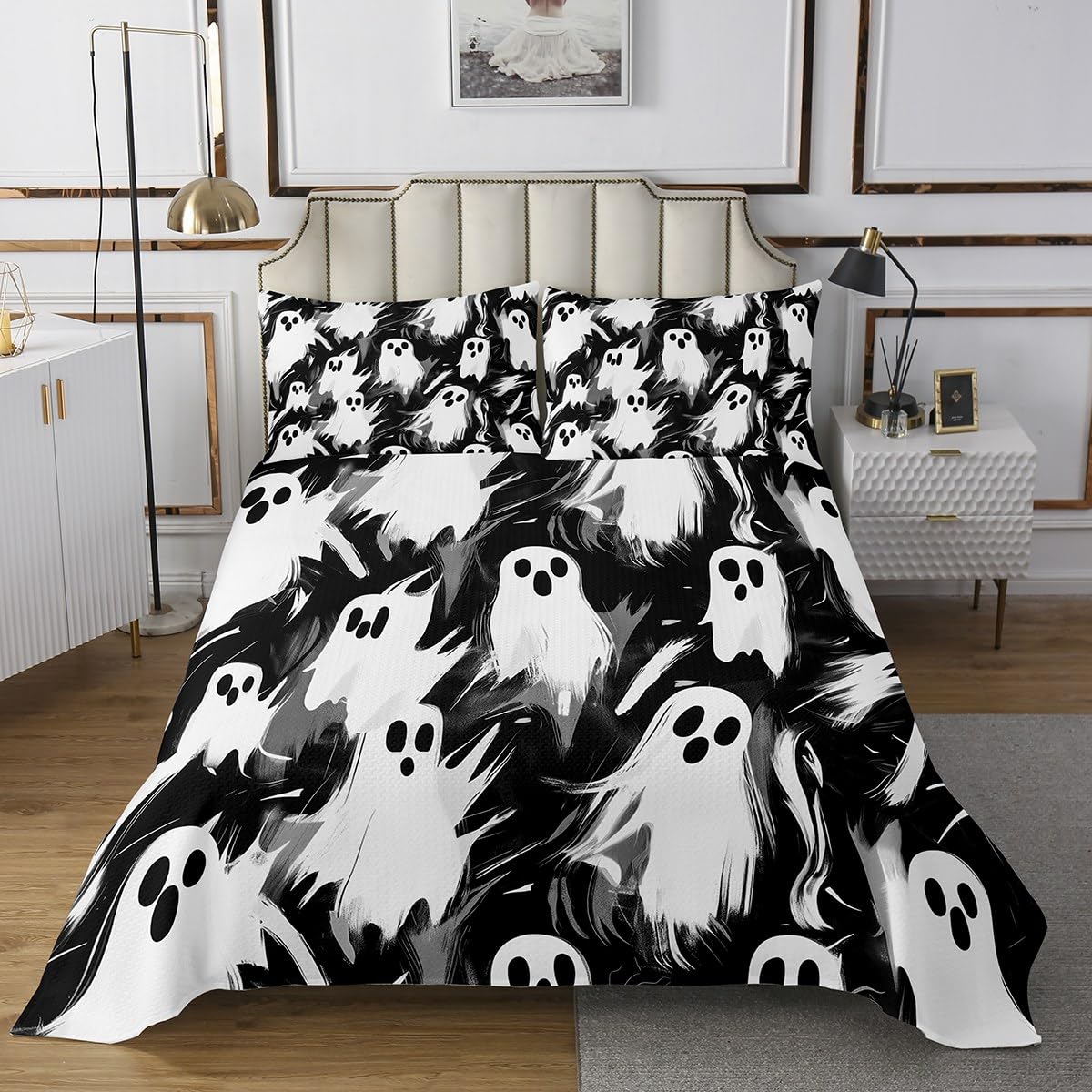 jejeloiu Boys Girls Halloween Coverlet Set Twin Size, Cute Ghost Quilted Coverlet Ghost Festival Bedspread Kids Cartoon Teens Quilted Bedroom Decor with 1 Pillow Case