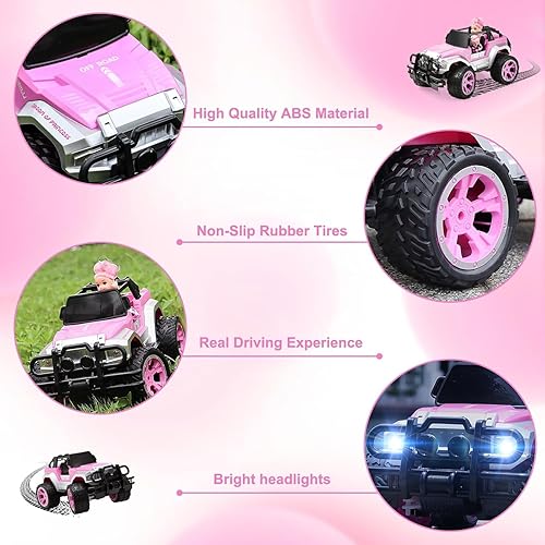 Miniatura 4 de Carox Auto a control remoto para niñas, auto RC rosa con muñeca para niñas de 4 a 10 años, 160 minutos con 2 baterías recargables, escala 116 de 2.4
