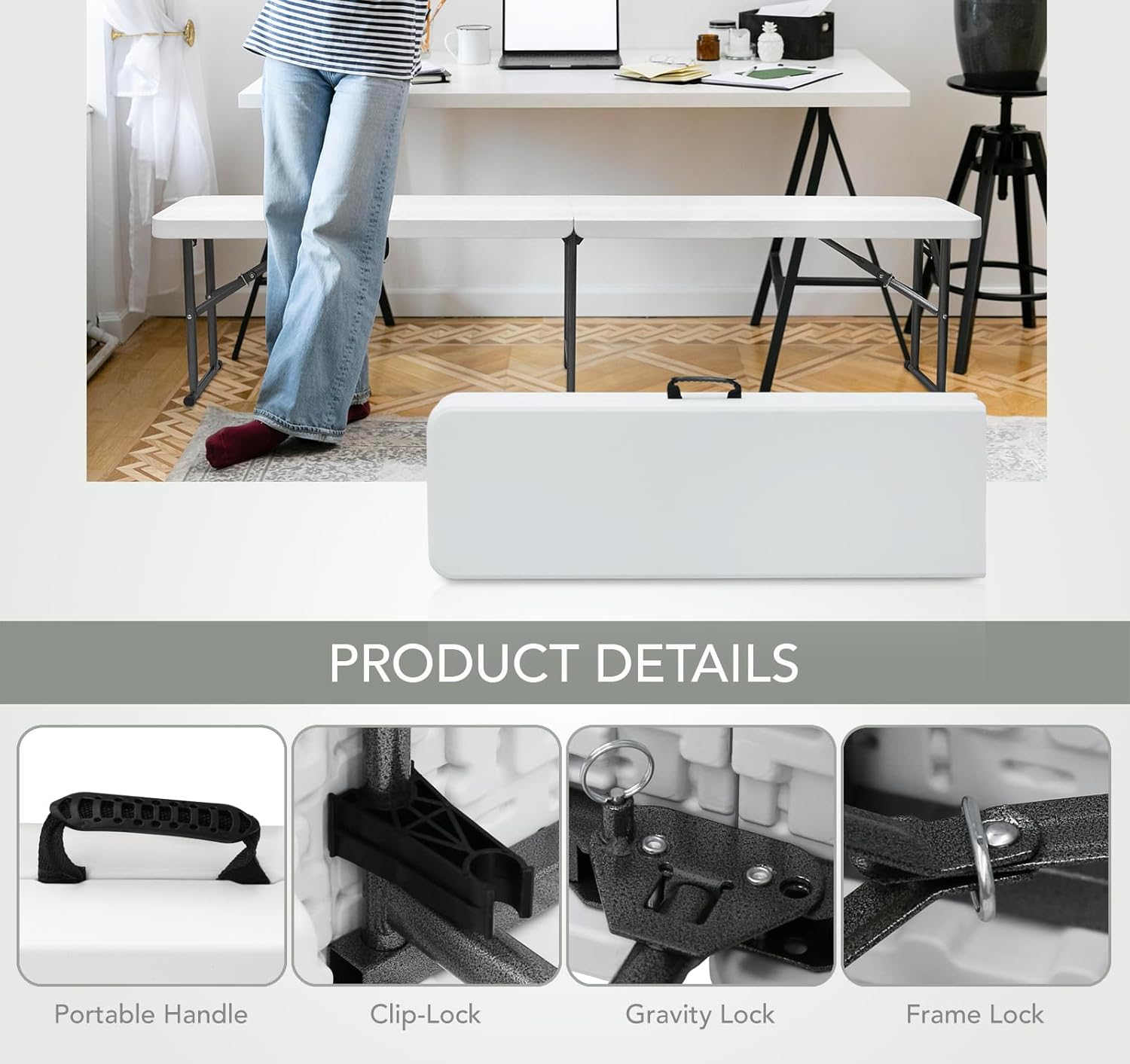 AJP Distributors 6 Foot Portable Plastic Folding Bench 6FT 72" Half Foldable Heavy Duty Seat w/Carry Handle - Indoor Outdoor Backyard Camping Picnic BBQ Party Wedding Dining Office Event Meeting White