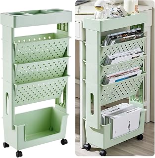 Estantería organizadora giratoria portátil de 5 niveles con ruedas para niños, estudiantes, profesores y adultos, color verde