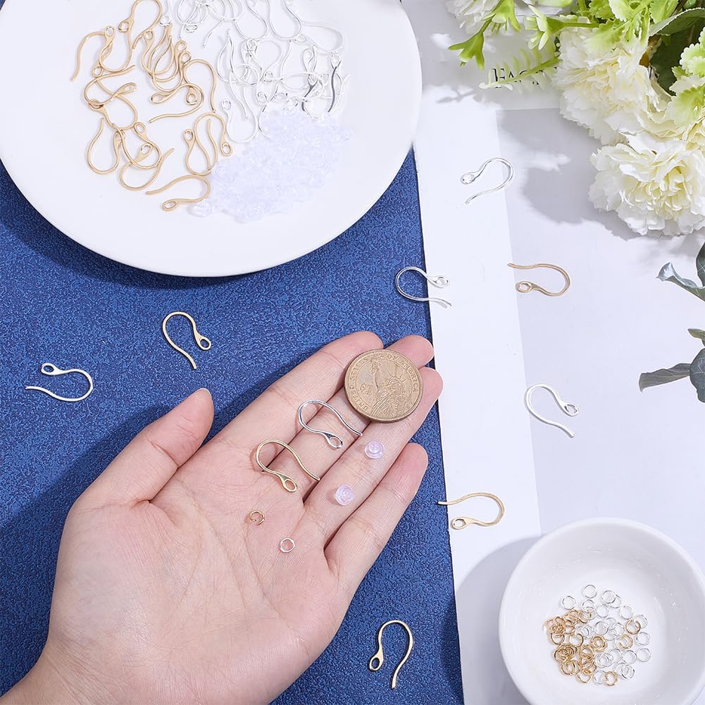 Beebeecraft 1 Box 52Pcs Earring Hooks 18K Gold & Sterling Silver Plated Stainless Steel Ear Wires with Loop 52Pcs Jump Rings 60Pcs Ear Nuts Earwire Earring Findings for Jewelry Making Supplies DIY