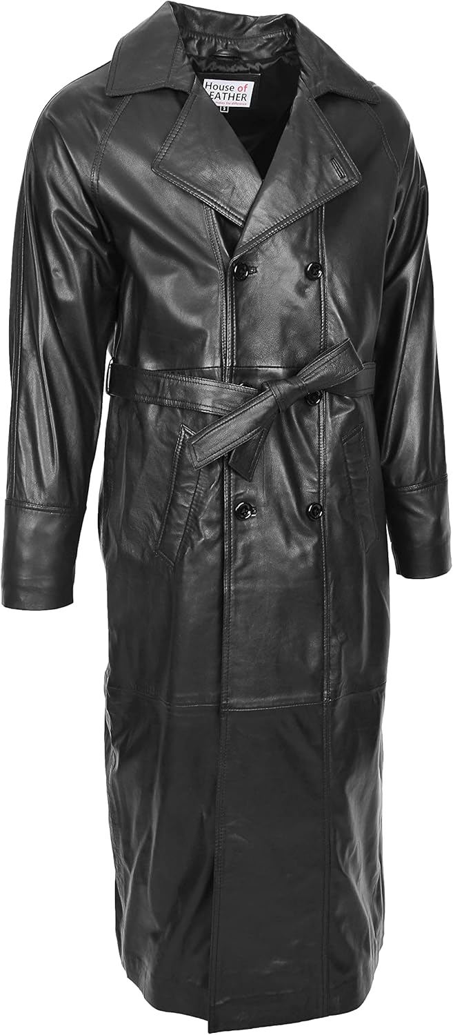 Mens Real Leather Full Length Coat Double Breasted Trench Pete Black (2XL)
