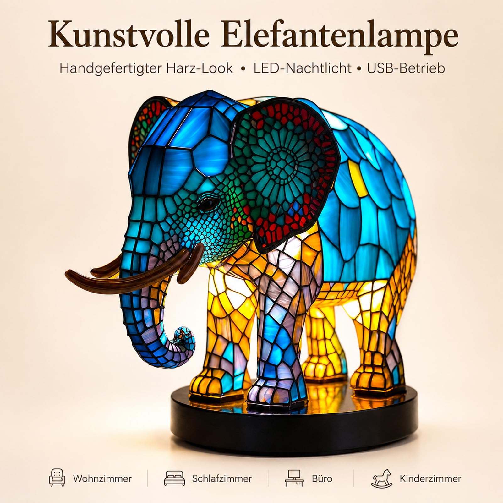 Drawelry 3D Tier Harz Figur Statue Nachtlicht mit Bunte LED Tierlampe Dekoration, Wolf Löwe Eule Skulptur Tischlampe für Wohnzimmer Schlafzimmer Kinderzimmer Deko Weihnachten Geschenk (Elefant)