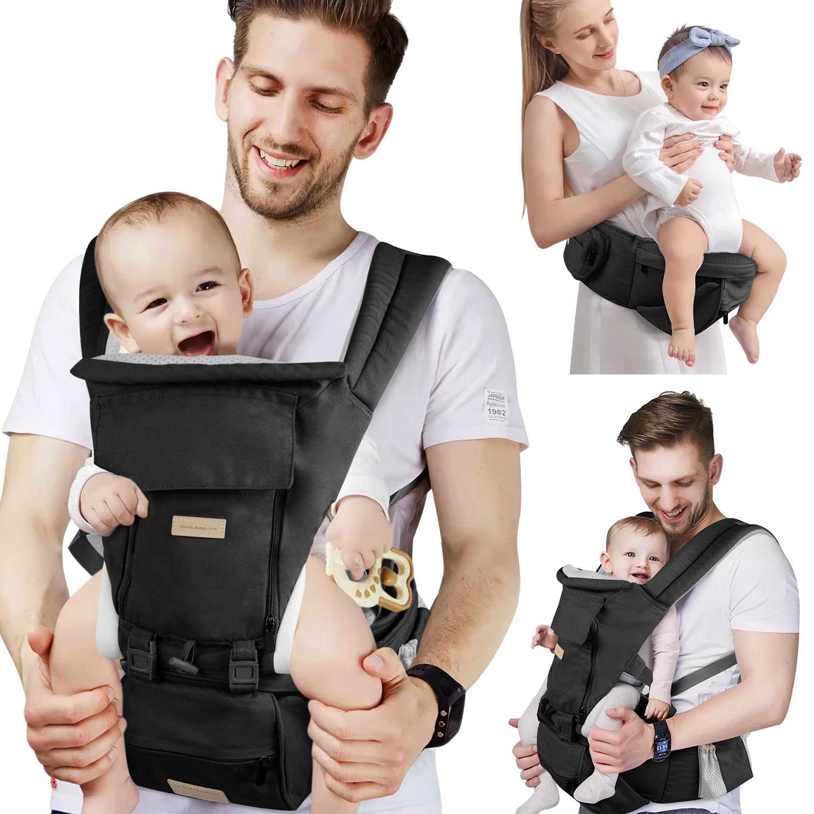 SNOOZYNEST Baby Carrier Newborn to Toddler with Hip Seat, Soft 6-in-1 Ergonomic All Positions Infant Carrier 7-33 Ib with Hood and Multiple Pockets