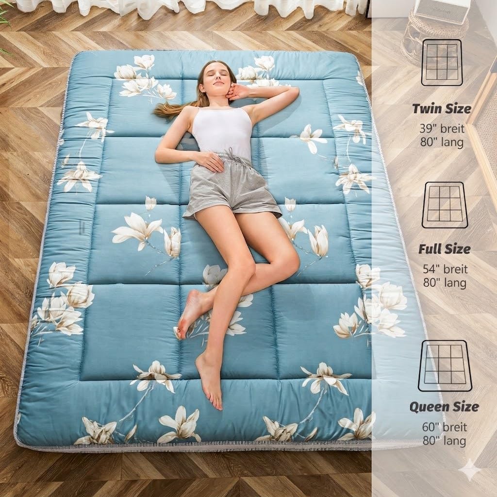 MAXYOYO Futon Matratze - gepolsterte japanische Bodenmatratze Gesteppte Klappbett Baumwolle Topper - atmungsaktive Boden Bett Tatami Matte Bodenliege Gästebett (Magnolie, 90 x 190 cm)