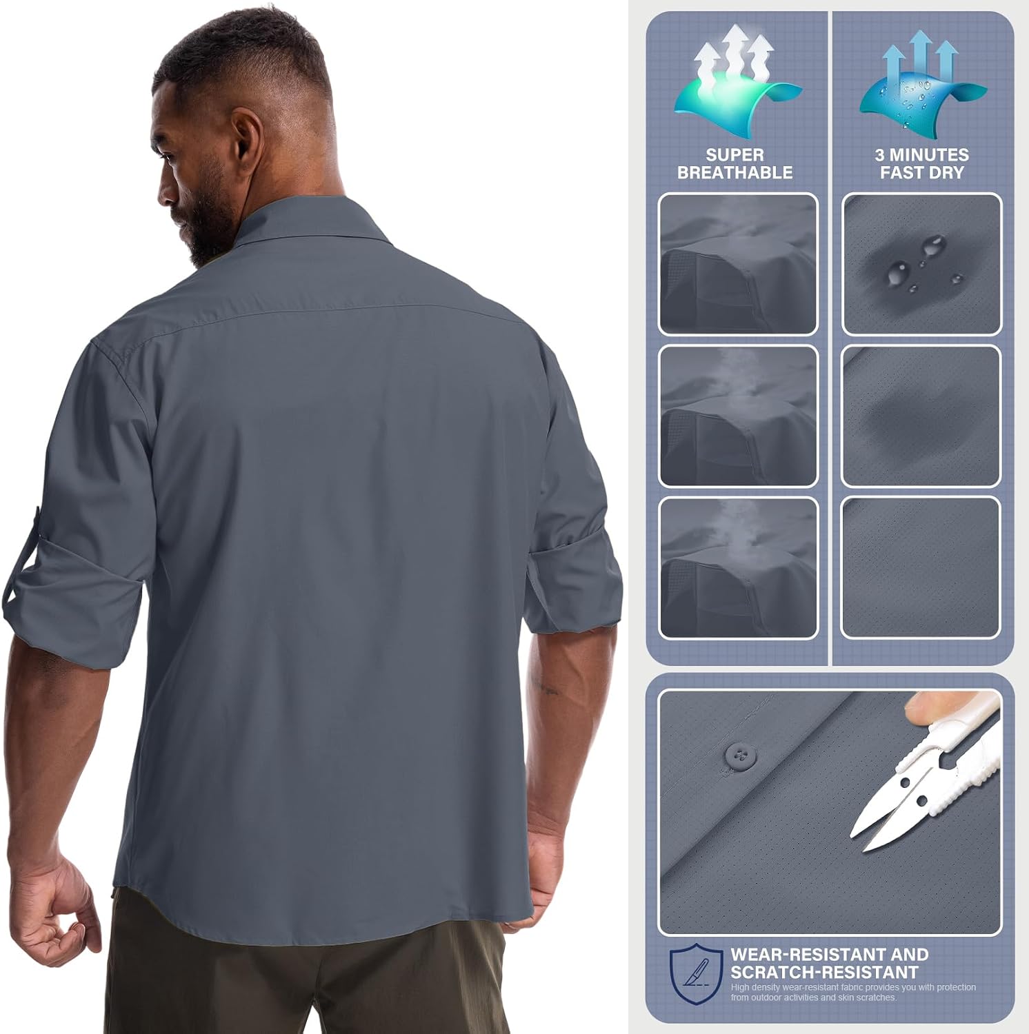 Mens Safari Sun Shirts UPF 50+ UV Sun Protection Long Sleeve Outdoor Quick Dry Fishing Hiking Gardening Shirts