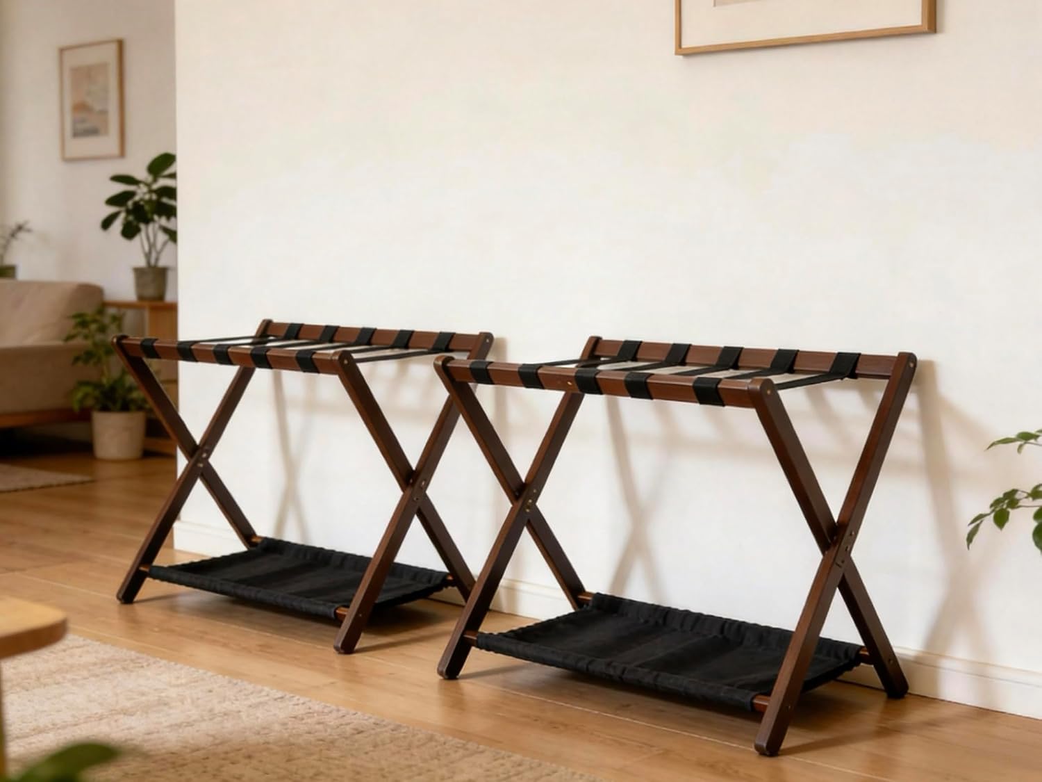Walnut Luggage Racks Set of 2 ,Double-Layer Storage Shelf，Bamboo ，Foldable，with 5 Nylon Straps, 26.18" L for Bedroom/Guest Room/Hotel (Walnut -2pack)