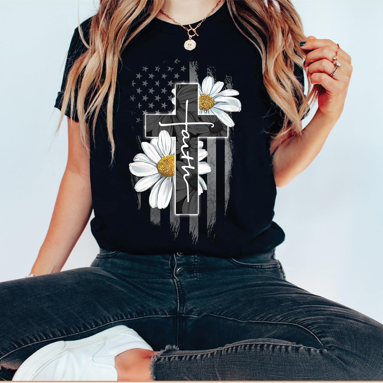 Love in Faith | Faith Flag Daisy | Christian T-Shirts for Women | Faith-Based Apparel | Christian Gifts - Image 2