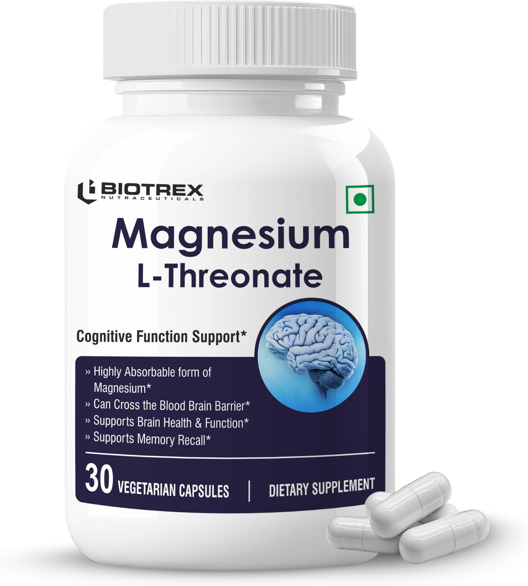 Biotrex Nutraceuticals Magnesium L Threonate 2000mg Per Serving | Better sleep, Cognitive Support & Quick Thinking | Brain & Memory Function | Most Bioavailable Form of Magnesium | 30 Vegetarian Capsules