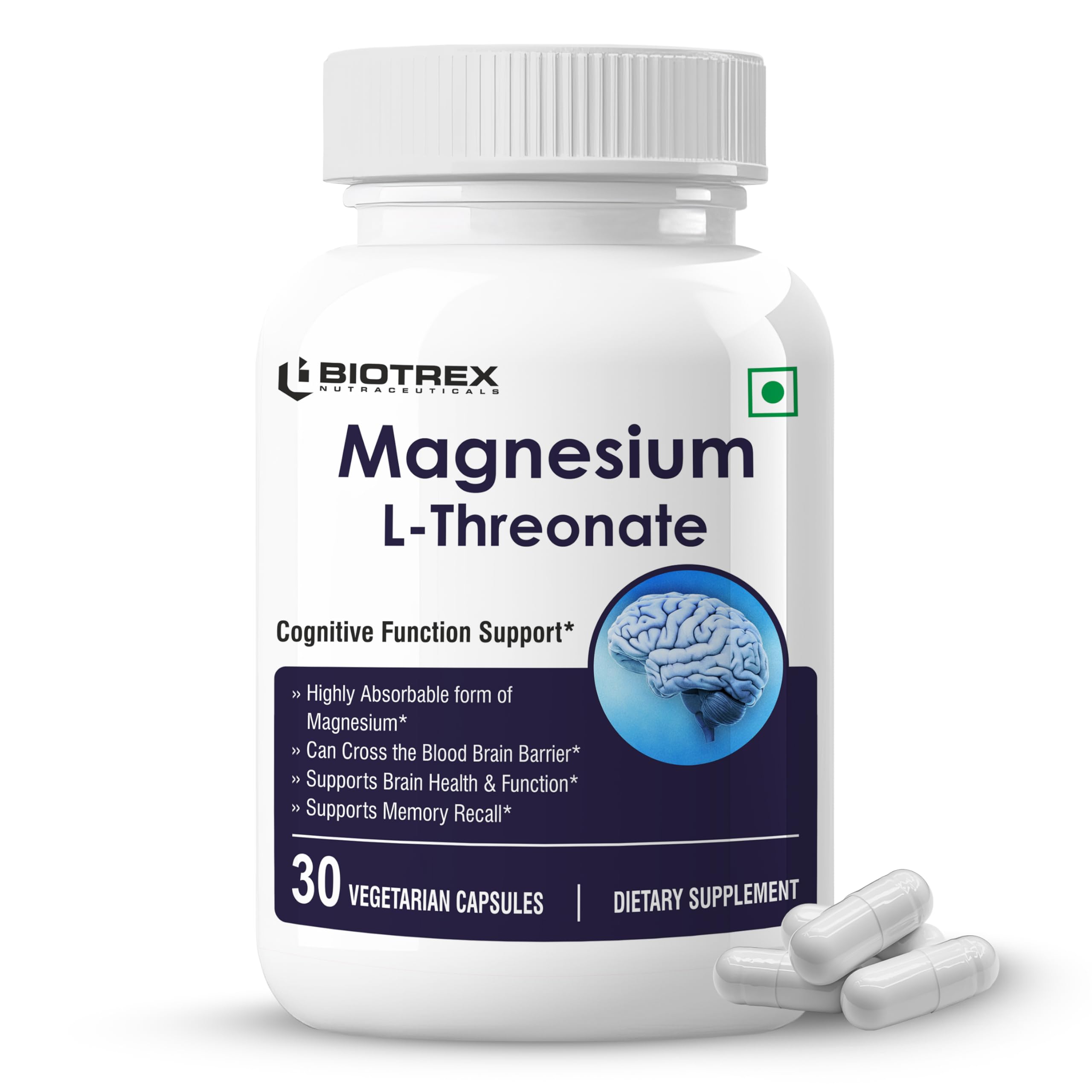 Biotrex Nutraceuticals Magnesium L Threonate 2000mg Per Serving | Better sleep, Cognitive Support & Quick Thinking | Brain & Memory Function | Most Bioavailable Form of Magnesium | 30 Vegetarian Capsules