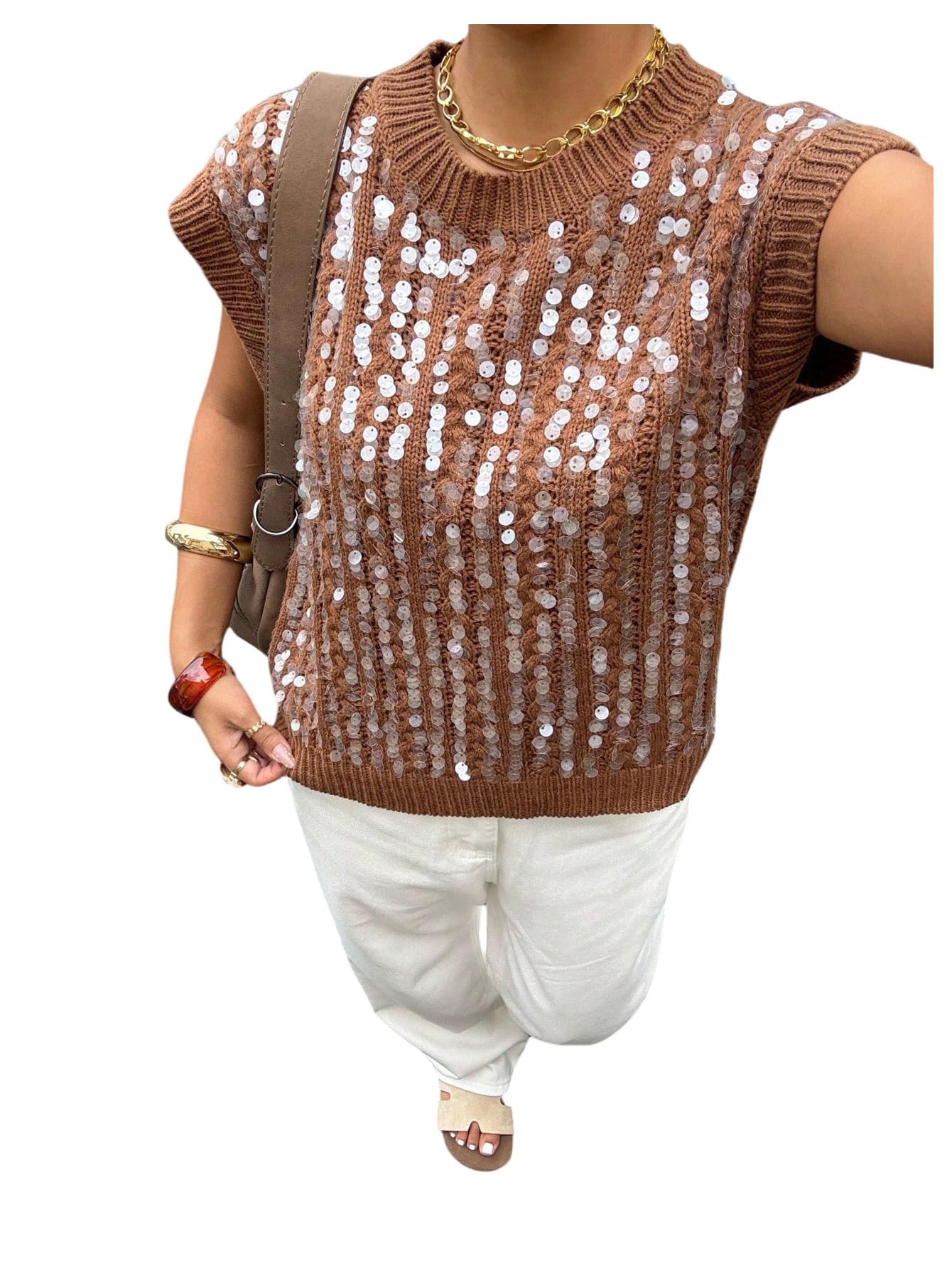 MakeMeChic Womens Fall Sweater Vest Sequin Tops Crew Neck Short Sleeve Vintage Knit Top Retro Y2K Clothes
