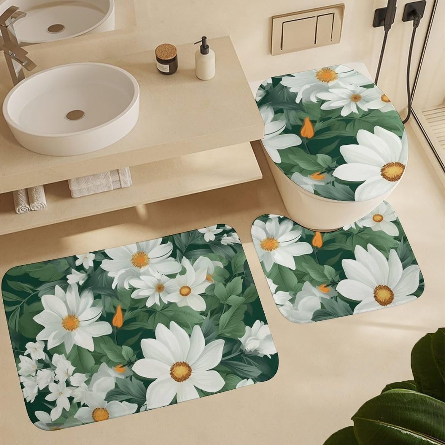 Anti-Skid Floor Mats 3 Piece Set,Green Leaves and White Flowers Printed Coral Fleece Bathroom Mats U-Shaped Contour Mat Toilet Seat Cover for Bathroom, Tub, Shower, Kitchen 19.7"x31.5"
