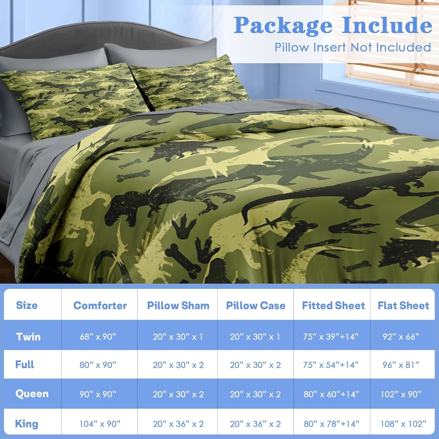 Comforter Set Twin Size, Camouflage Dino Dinosaur 5 Pcs Bedding for Kids and Adults, Cute Funny Green Bed Sheet Sets with Fitted Sheet Pillowcase & Sham for Bedroom Bed Decor - Image 6