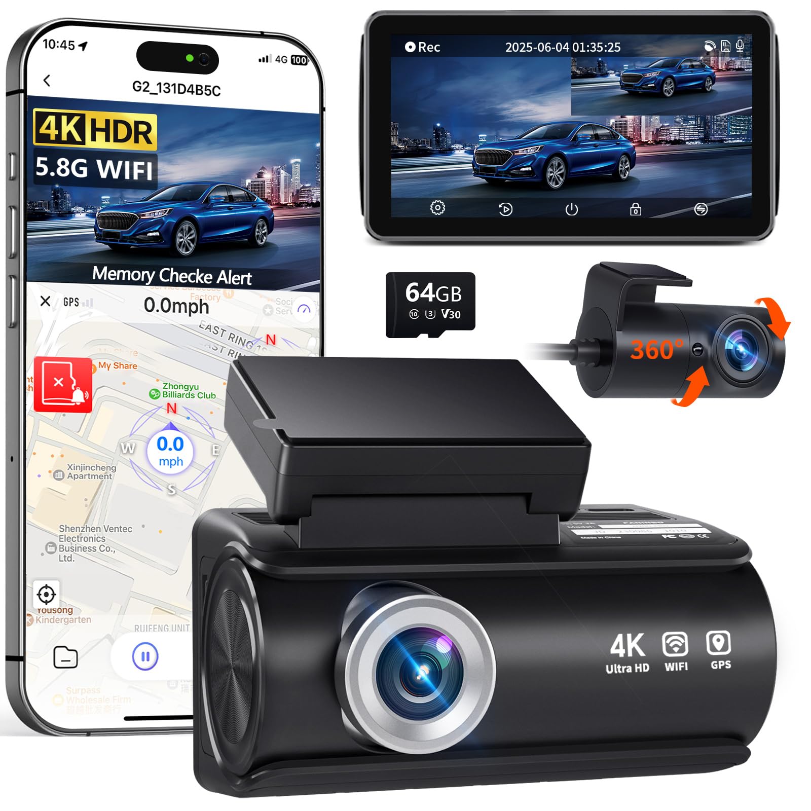 Faninso Dash Cam Front and Rear, 4K Full HD Dual Dash Camera for Cars, Built-in Memory Card Monitoring, 64GB Card, 5G WiFi GPS, Car Camera with 3" IPS Screen, 2160P Night Vision, 24H Parking Monitor