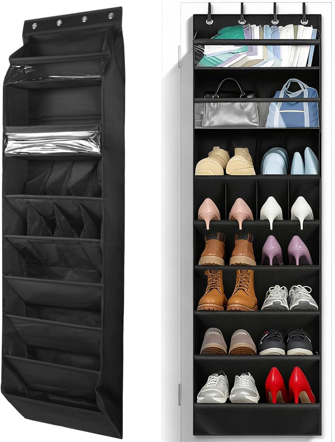 66.9 in Over-Door Shoe Organizer, 14 Pockets, Black 600D Oxford Cloth