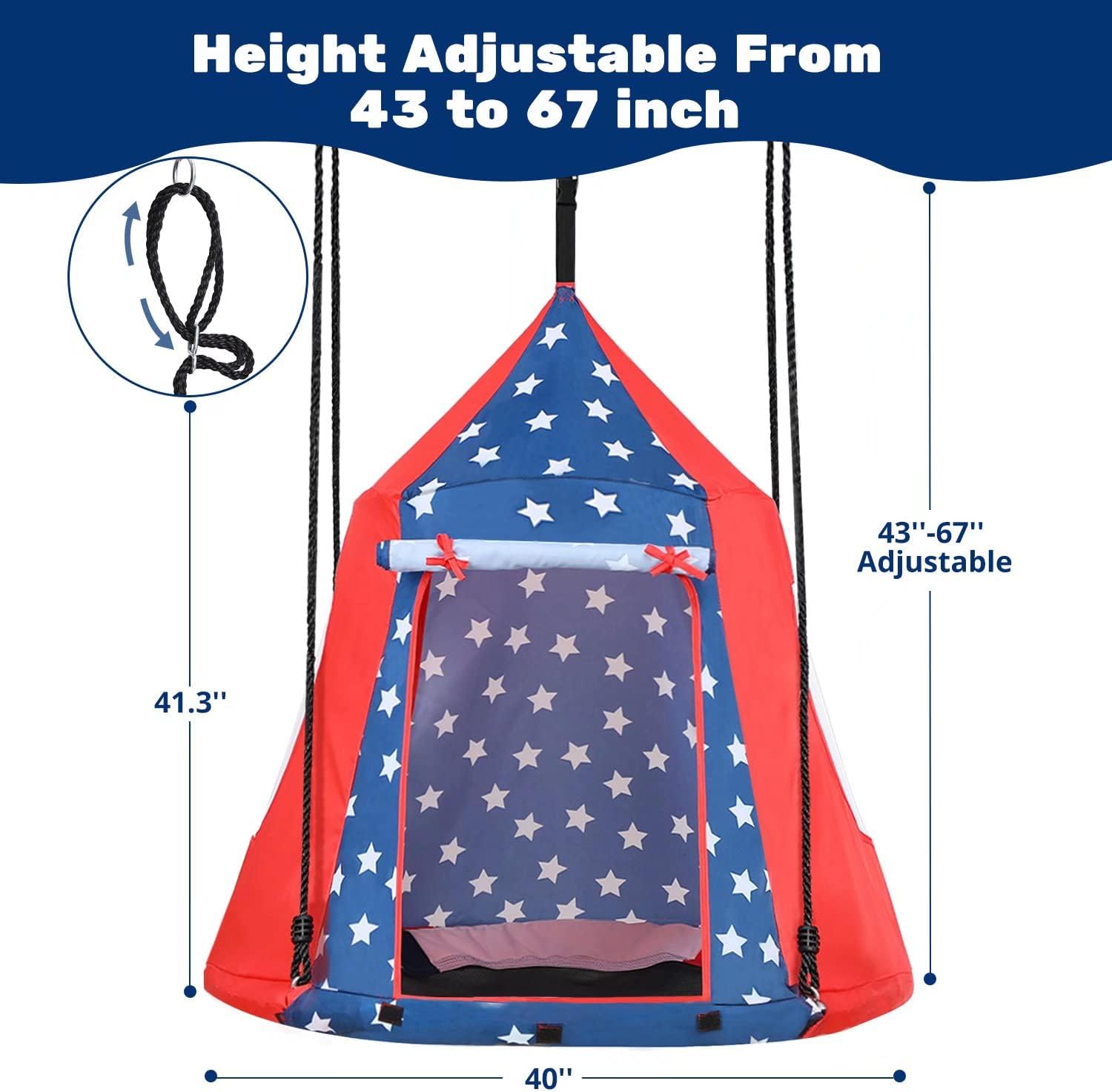 Zupapa Hanging Tree Swing, 2 in 1 Detachable Saucer Tree Swing Play House Tent for Kids, Max Capacity 400 LBS for Indoor Outdoor Use, Tree Straps Included(Flag Element)