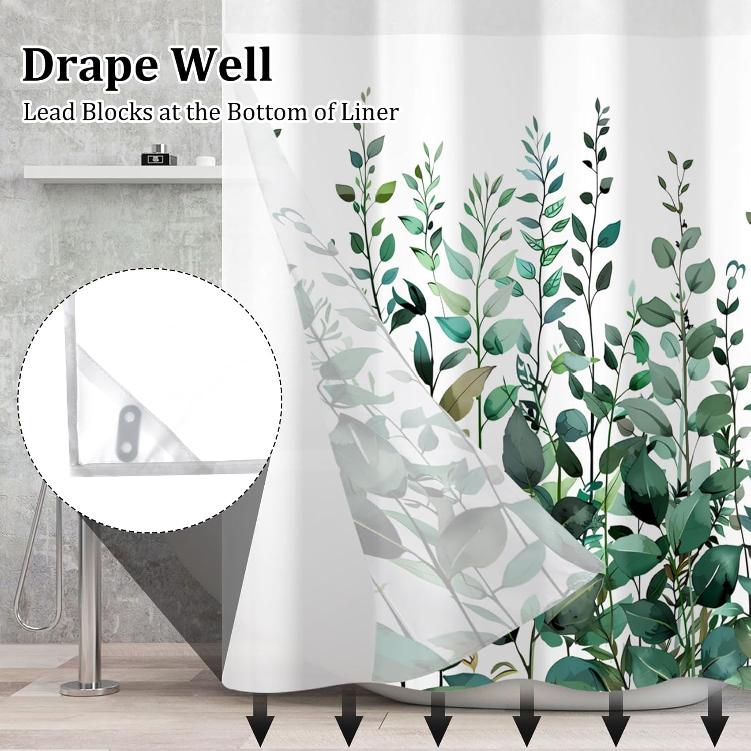 No Hook Shower Curtain with Snap in Liner Set Green Plants Bath Curtain Double Layers Waterproof Washable Fabric with See Through Mesh Top Window for Bathroom Hotel 71x74 Inch