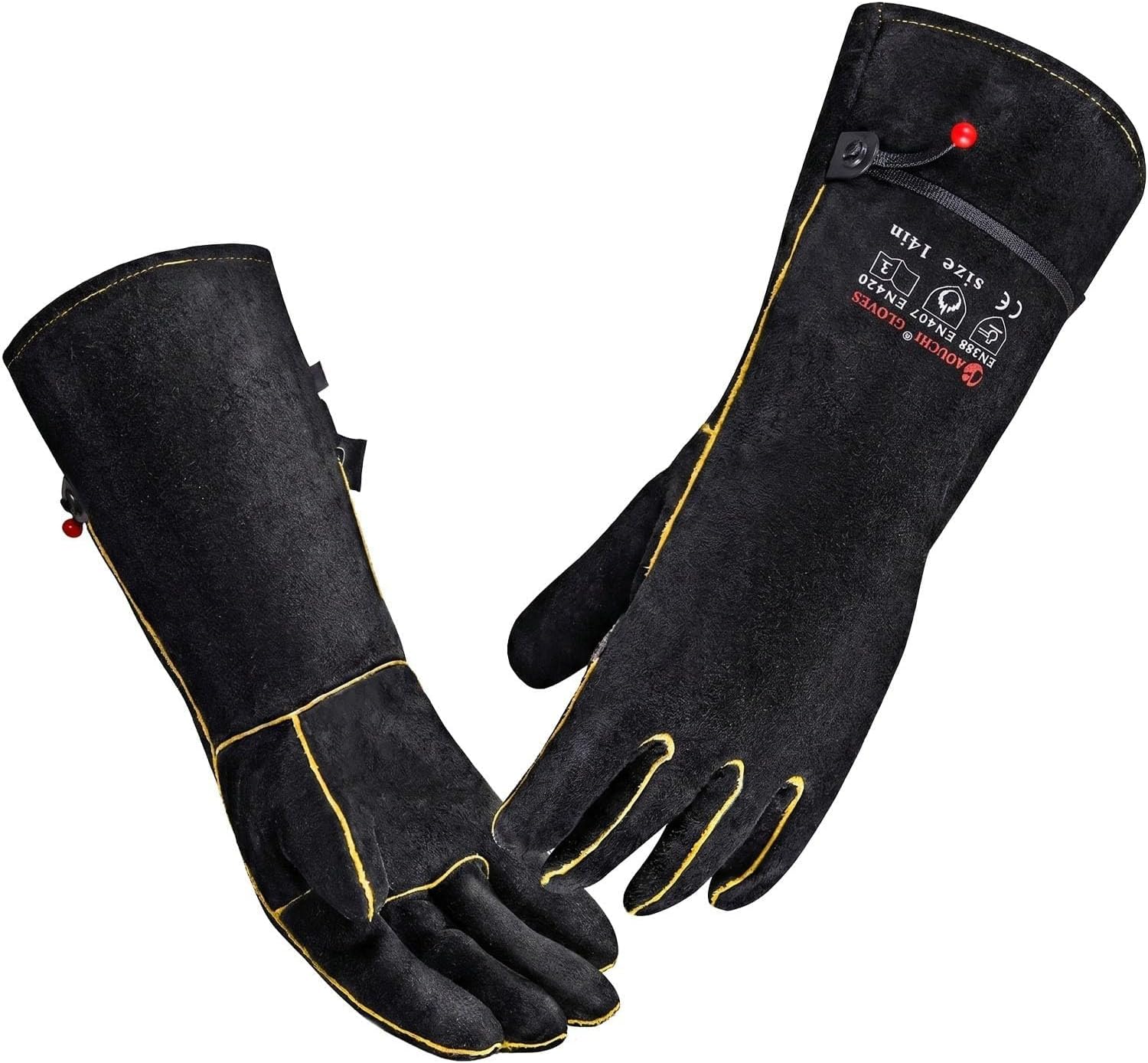 Cowhide BBQ Welding Gloves, Long Sleeve Fireproof and Heat Resistant Mitts for Barbecue, Firefighting, Fireplace, Oven, Baking, Stove (Black, M)